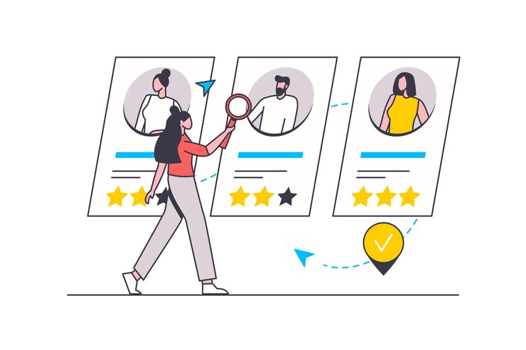 Vector hr manager flat line concept woman looks at online resumes of candidates