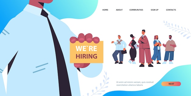 Hr manager holding we are hiring poster vacancy open recruitment concept mix race candidates standing line queue horizontal copy space vector illustration