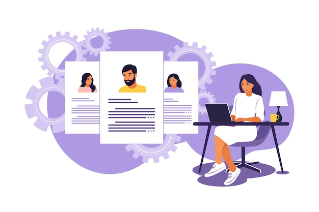 hr manager looking for and analyzing candidate for job. interview for job concept. vector illustration. isolated flat.