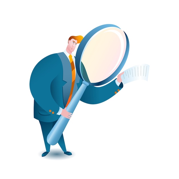 Vector hr manager uses a magnifying glass to view various documents