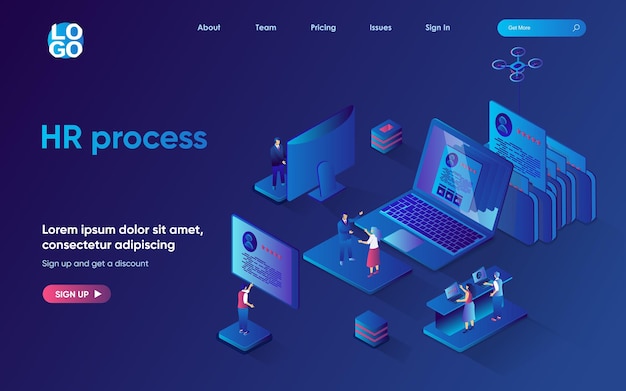 Vector hr process concept 3d isometric web landing page people search for candidates for open vacancies