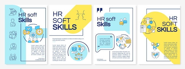 Hr soft skills blauwe en gele brochuresjabloon werkgelegenheidsproces folderontwerp met lineaire pictogrammen 4 vectorlay-outs voor presentatie jaarverslagen questrial latoregular-lettertypen gebruikt