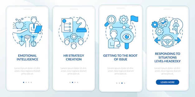 HR soft skills blue onboarding mobile app screen Hiring work walkthrough 4 steps graphic instructions pages with linear concepts UI UX GUI template Myriad ProBold Regular fonts used
