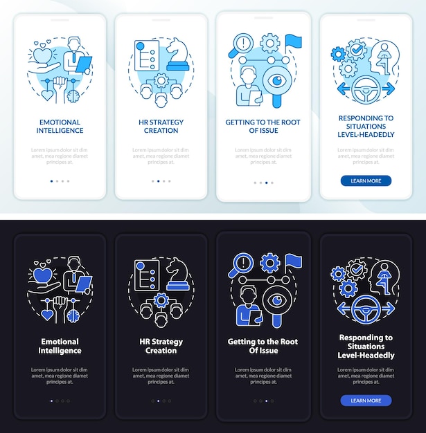 HR soft skills night and day mode onboarding mobile app screen Hiring walkthrough 4 steps graphic instructions pages with linear concepts UI UX GUI template Myriad ProBold Regular fonts used