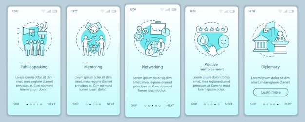 Hr soft skills onboarding mobiele app pagina scherm vector sjabloon. spreken in het openbaar, mentorschap, diplomatie. werknemer capaciteiten walkthrough website stappen. ux, ui, gui smartphone-interfaceconcept