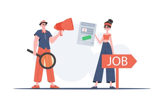 Vector hr team man with a mouthpiece a girl with a job test passed the concept of finding employees trend style vector illustration