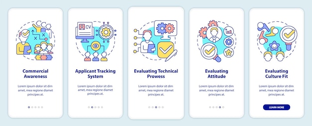 Hr-vaardigheden voor zakelijke onboarding mobiele app-scherm technologie walkthrough 5 stappen grafische instructiepagina's met lineaire concepten ui ux gui-sjabloon myriad probold regelmatige gebruikte lettertypen