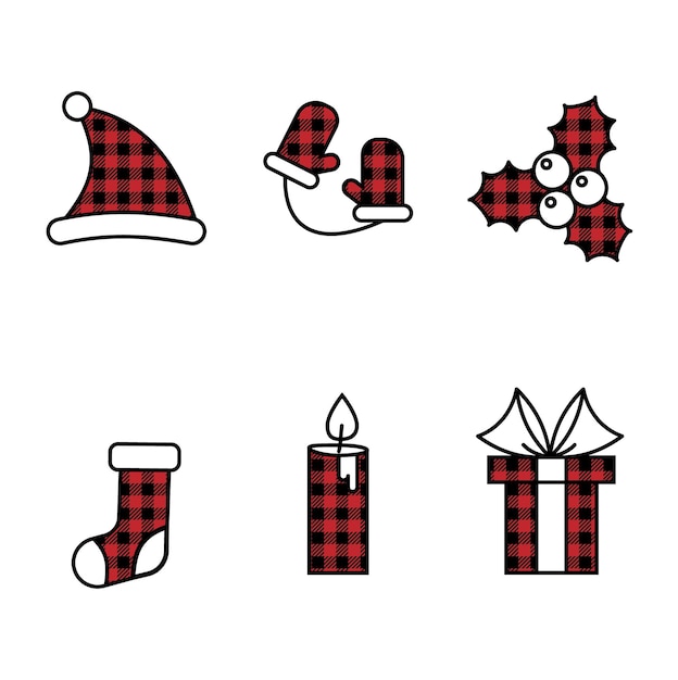 Hristmas and New Year pattern at Buffalo Plaid icons set. Festive background for design and print esp