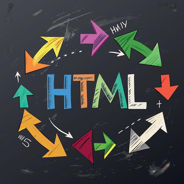 html coding language programming for website blog and seo concept multi color arrows pointing to
