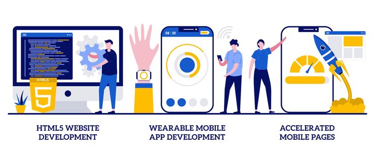 Vector html5 website development, wearable mobile app, accelerated mobile pages concept with tiny people. software and frontend development vector illustration set. responsive landing design metaphor.