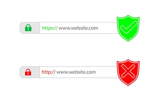 Http- en https-protocollen op schild. veilig en beveiligd https. beveiligde ssl-schild- en hangslotsymbolen.