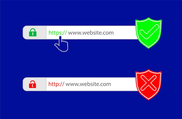 Http- en https-protocollen op schild. Veilig en beveiligd https. Beveiligde ssl-schild- en hangslotsymbolen.