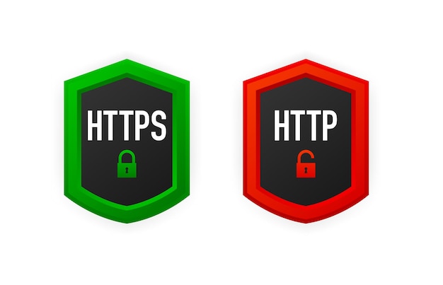 HTTP- en HTTPS-protocollen, veilig internetten en gegevensversleuteling. Browseradres met beveiligde en onveilige webadressen. Vector illustratie.