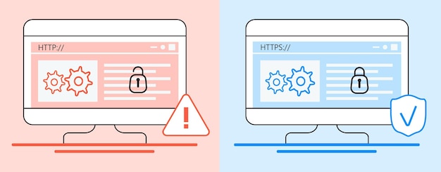 Protocolli http e https concetto di differenza vettore viene mostrata la sicurezza informatica per l'app del sito web il blocco viene aperto e chiuso nell'illustrazione degli screenshot