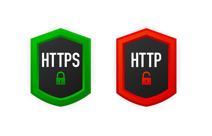 Vector http and https protocols, safe web surfing and data encryption. browser address showing secure and insecure web addresses. vector illustration.