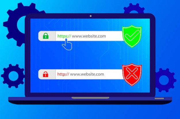 http and https protocols on shield. Safe and Secure https. Secured ssl shield and padlock symbols.