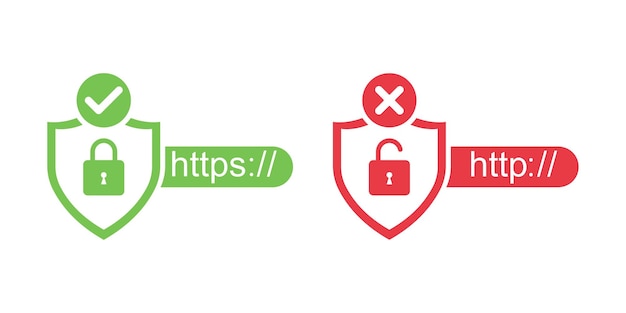 Https en http-beveiligingscertificaten op witte achtergrond. Veilige en onveilige webprotocollen.