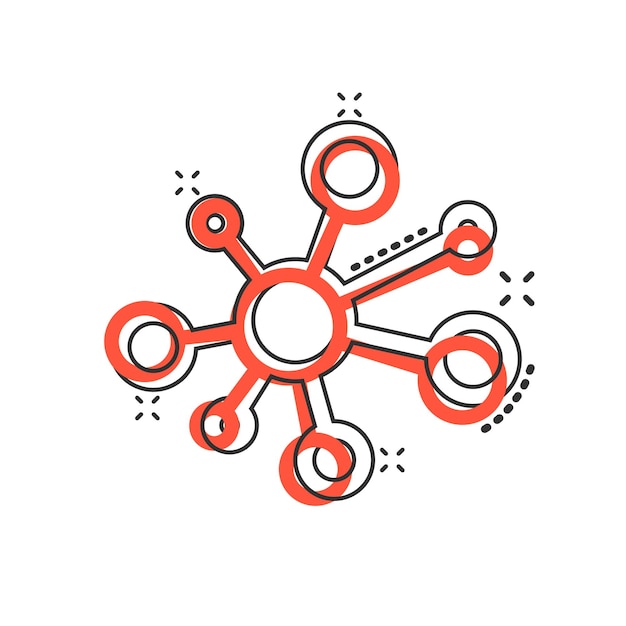 Hub netwerk verbinding teken pictogram in komische stijl Dna molecuul vector cartoon afbeelding op witte geïsoleerde achtergrond Atoom bedrijfsconcept splash effect