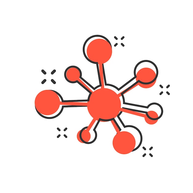 만화 스타일의 허브 네트워크 연결 기호 아이콘 격리 된 흰색 배경 원자 비즈니스 개념 스플래시 효과에 Dna 분자 벡터 만화 그림