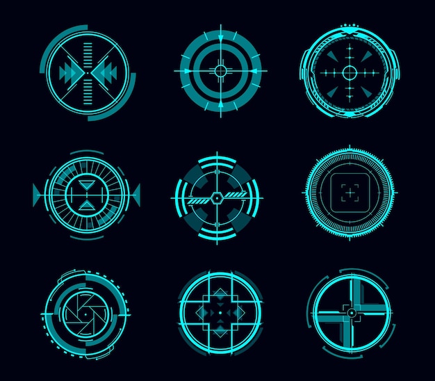 HUD aim control, futuristic target or navigation interface, vector game ui. Digital data screen, panel or dashboard of future technology head up display with blue hologram circles, arrows, crosshairs