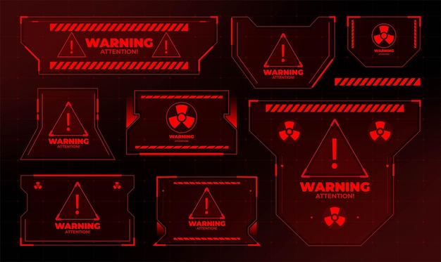 Внимание hud. опасность или предупреждение. векторные кадры ошибок