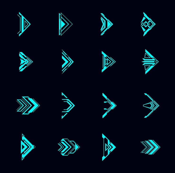 Vector hud arrows, futuristic navigation pointers, sci fi ui interface. digital techno style vector elements. neon glowing buttons for computer game or app menu, modern graphic design cursor symbols set