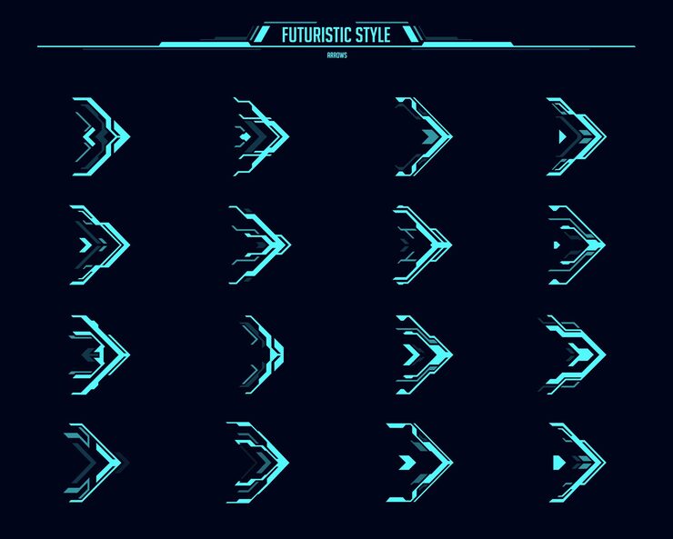 Vector hud arrows and futuristic navigation pointers, vector ui or gui interface. sci fi game head up display elements, neon arrows for cursor, right movement, direction pointers and next button design
