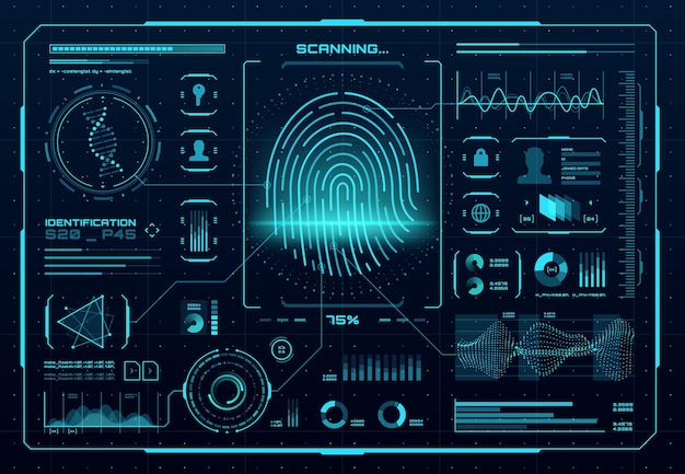 Interfaccia di controllo dell'accesso biometrico hud. scanner di impronte digitali, identificazione digitale o tecnologia di autenticazione. stampa del pollice vettoriale con elementi infografici luminosi al neon, dna, grafici e grafici