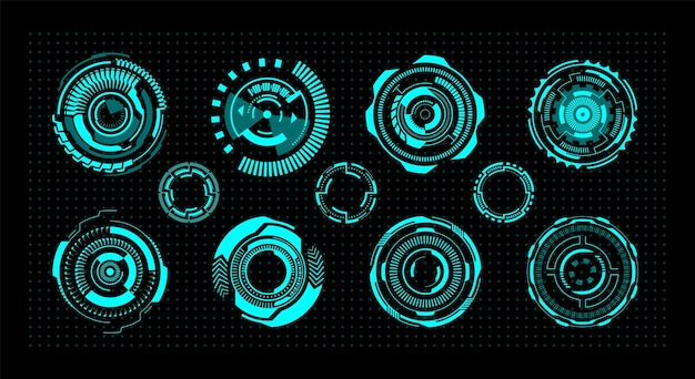 Hud circles 미래형 디지털 UI 라운드 요소 가상 게임 인터페이스 템플릿 현대 레이더 또는 뷰파인더의 격리된 네온 사인 추상 형상 조명 프레임 벡터 세트