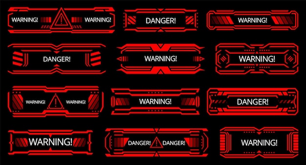 Предупреждения об опасности hud внимание векторные красные знаки интерфейса предупреждают и предостерегают ui tech и цифровые киберкадры сбой системы или опасная зона