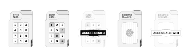 Hud interfaccia utente digitale futuristica codice pin set di pulsantiera schermi di protezione high tech di fantascienza menu di gioco scansione delle dita e tocco del numero dashboard tastiera cyber space e id biometrico eps