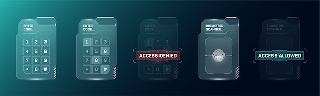 Цифровой футуристический пользовательский интерфейс HUD Набор панелей ввода PIN-кода Экраны защиты высоких технологий Sci Fi Игровое меню Сканер отпечатков пальцев и цифровая сенсорная панель Киберкосмическая биометрическая идентификационная клавиатура Eps