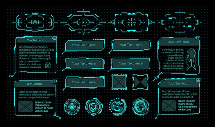 Vector hud elements cyberpunk virtual game interface neon frames with copy space round viewfinders and radars or weapon sights digital dashboard isolated templates set vector vr ui panel