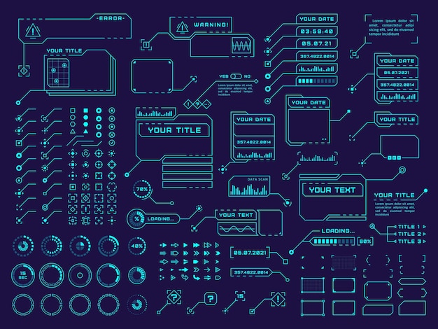 Элементы hud элемент футуристической технологии высокотехнологичный дизайн пользовательский интерфейс цифровые кнопки стрелки и рамки выноски аккуратная векторная коллекция