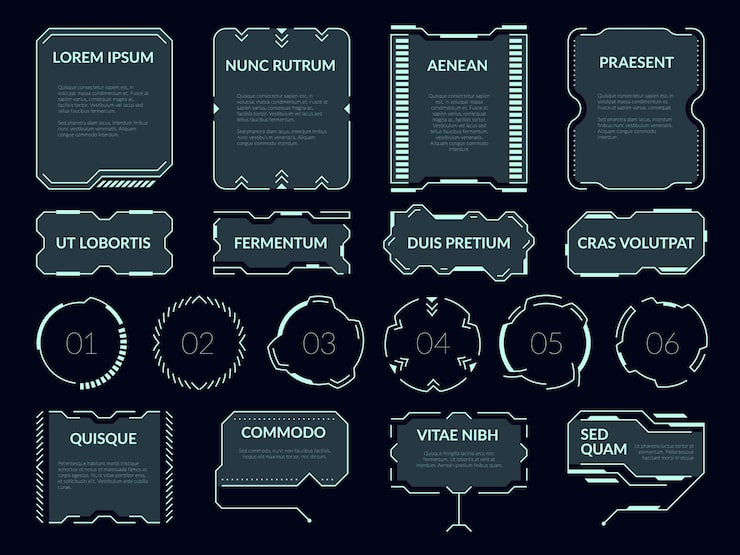Vector hud元素與文字 數位未來化用戶界面 虛擬訊息框架 在線通訊面板和圓圈 電腦界面資訊窗口 矢量遊戲儀表板邊界設定
