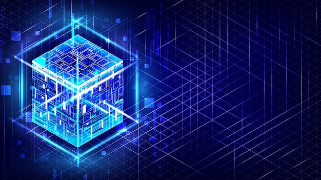 HUD energiedoos Slimme code Big data Digitale chip Glare rasterlijnen Gloed 3D-kubussen CPU-kern Abstracte rasterachtergrond Computeringenieur Blockchain-netwerk Technologie isometrisch