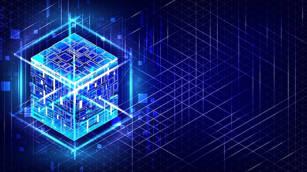 Vettore scatola di energia hud codice intelligente big data chip digitale linee della griglia di abbagliamento glow cubi 3d nucleo della cpu sfondo astratto della griglia ingegnere informatico rete blockchain tecnologia isometrica