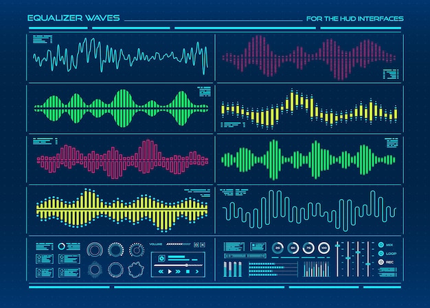 HUD equalizer music digital sound wave and voice recognition signals Graphic equalizer interface vector elements with color soundwaves sound frequency waveforms audio spectrum line and bar graphs