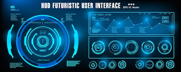 HUDの未来的な青いユーザーインターフェイスダッシュボードは、仮想現実技術の画面ターゲットを表示します