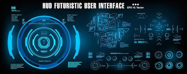 Il cruscotto dell'interfaccia utente blu futuristica dell'hud mostra l'obiettivo dello schermo della tecnologia della realtà virtuale