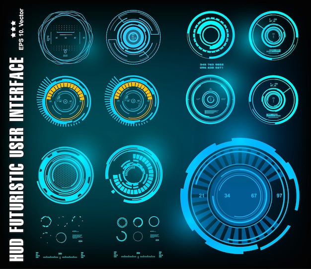 HUDの未来的な青いユーザーインターフェイスダッシュボードは、仮想現実技術の画面ターゲットを表示します