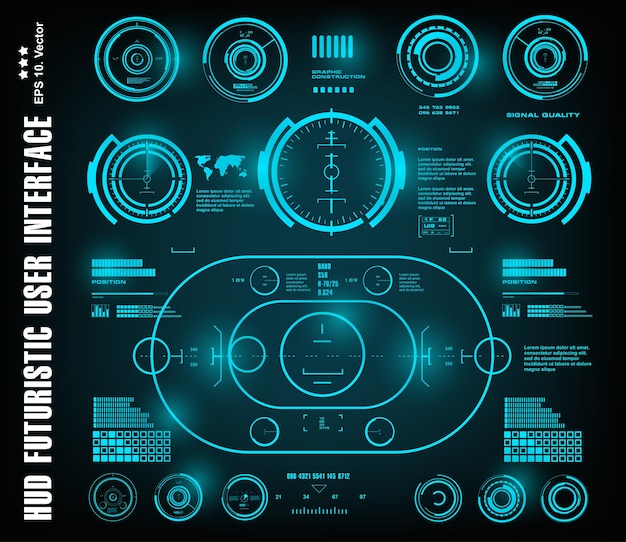 Hudの未来的な青いユーザーインターフェイスダッシュボードは、仮想現実技術の画面ターゲットを表示します