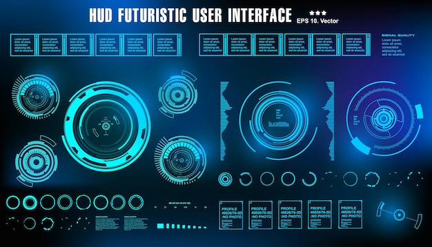 Il cruscotto dell'interfaccia utente blu futuristica dell'hud mostra l'obiettivo dello schermo della tecnologia della realtà virtuale