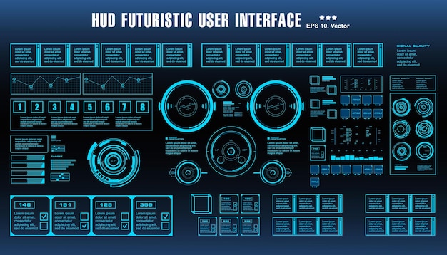 Il cruscotto dell'interfaccia utente blu futuristica dell'hud mostra l'obiettivo dello schermo della tecnologia della realtà virtuale