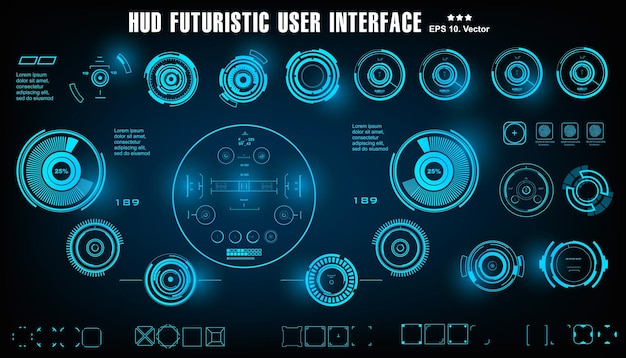 HUDの未来的な青いユーザーインターフェイスダッシュボードは、仮想現実技術の画面ターゲットを表示します