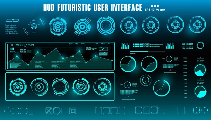 Vector hud futuristic blue user interface dashboard display virtual reality technology screen target