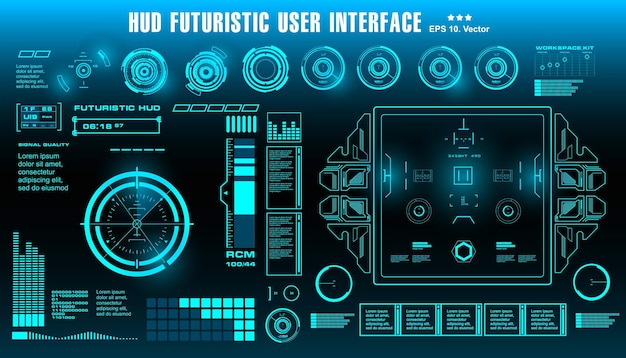 HUDの未来的な青いユーザーインターフェイスダッシュボードは、仮想現実技術の画面ターゲットを表示します