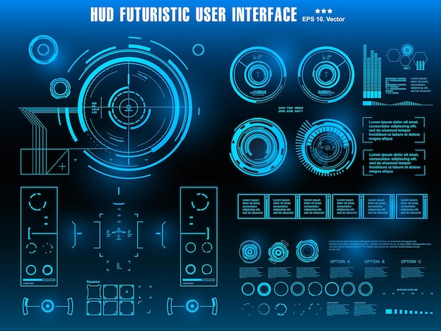 HUDの未来的な青いユーザーインターフェイスダッシュボードは、仮想現実技術の画面ターゲットを表示します