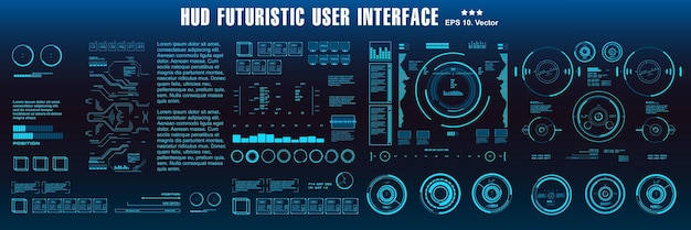 Hudの未来的な青いユーザーインターフェイスダッシュボードは、仮想現実技術の画面ターゲットを表示します