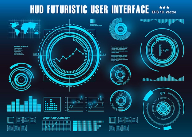 Il cruscotto dell'interfaccia utente blu futuristica dell'hud mostra l'obiettivo dello schermo della tecnologia della realtà virtuale